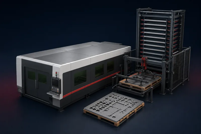 Conceptual illustration of a laser cutting cell with material handling equipment