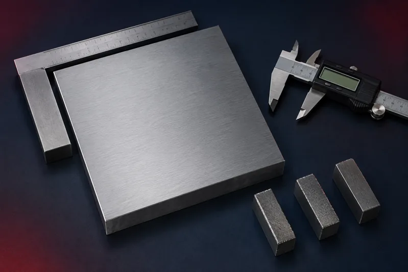 Conceptual illustration of steel sample inspection with measurement tools
