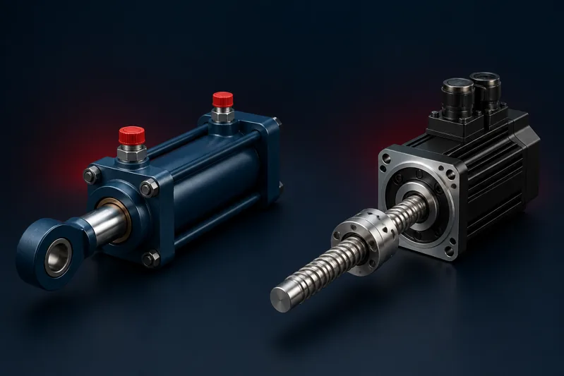 Hydraulic cylinder beside a servo motor and ball screw assembly