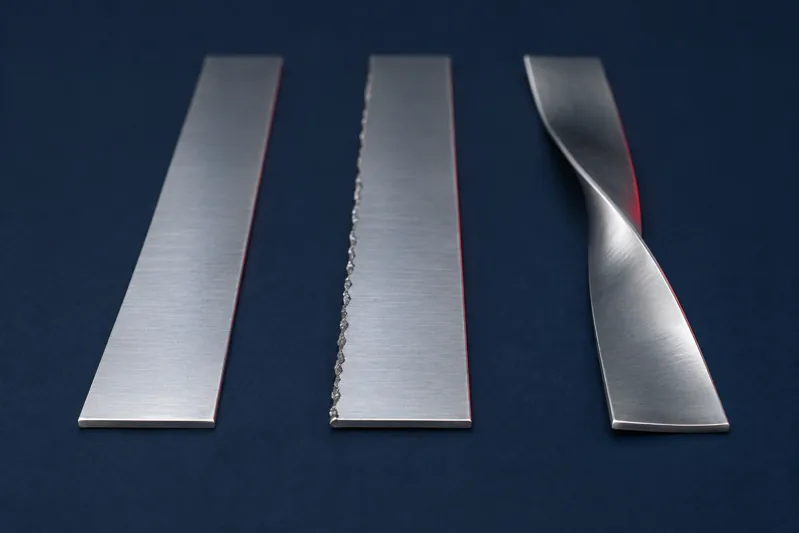 Three sheet strips with a clean edge, a burr and lengthwise twist