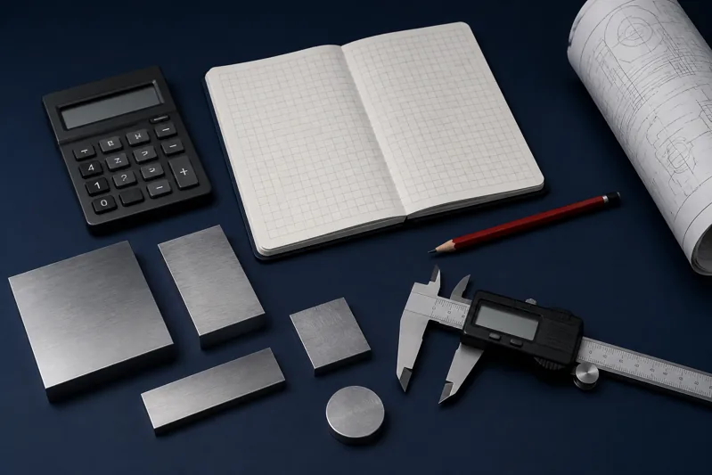 Conceptual illustration of equipment investment planning with a calculator and metal samples
