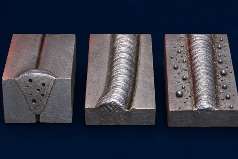 Three weld examples showing internal pores, an edge groove and surface spatter