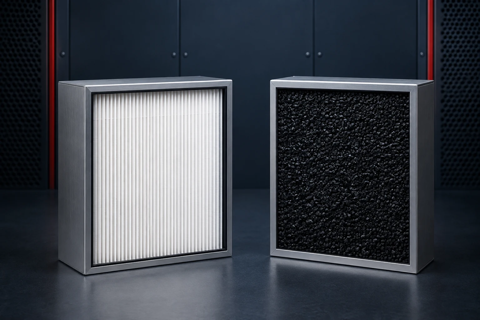 AI illustration of a pleated particulate filter beside an activated carbon filter