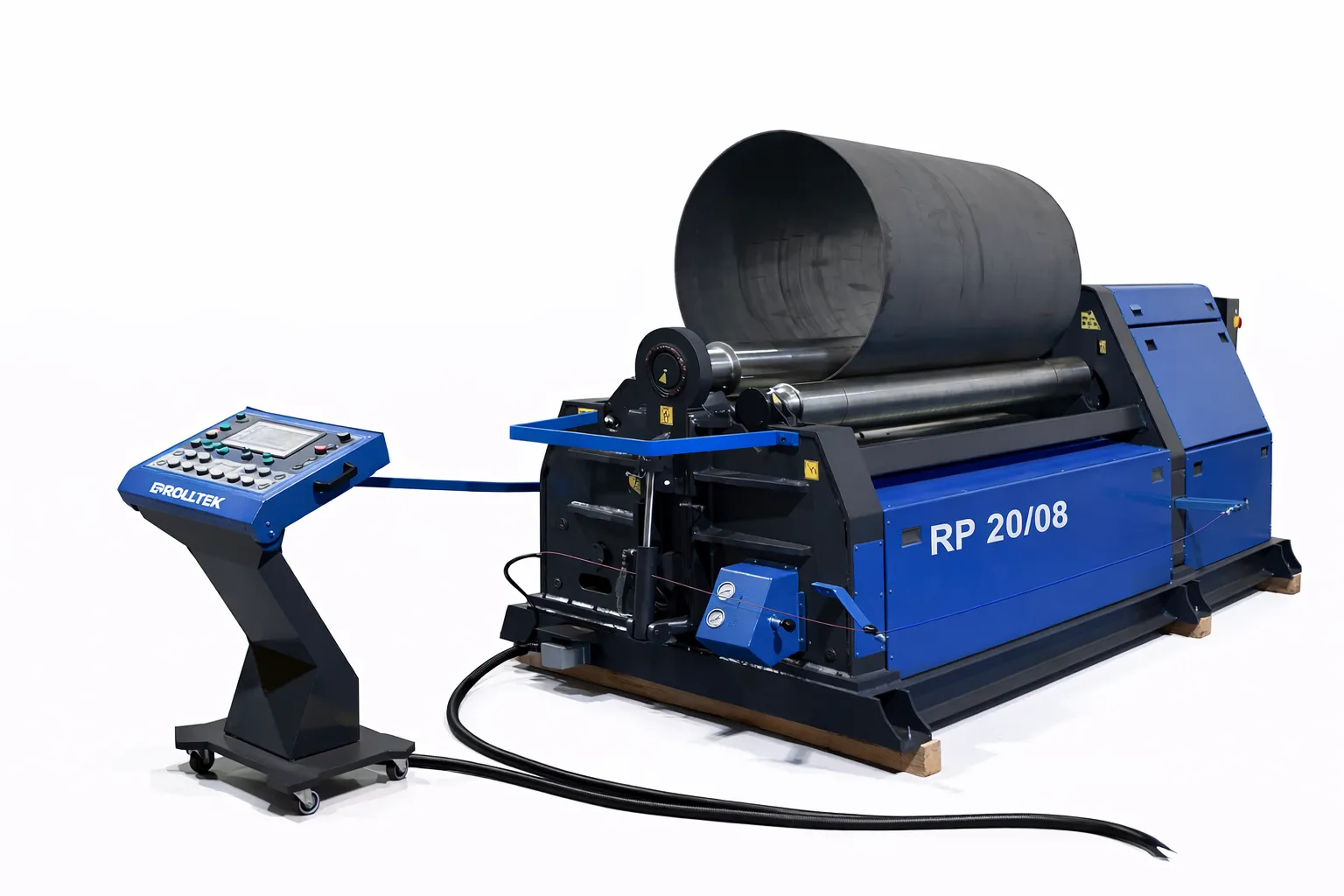 RollTek 4-roll plate rolling machine rolling a large steel cylinder with mobile CNC control panel